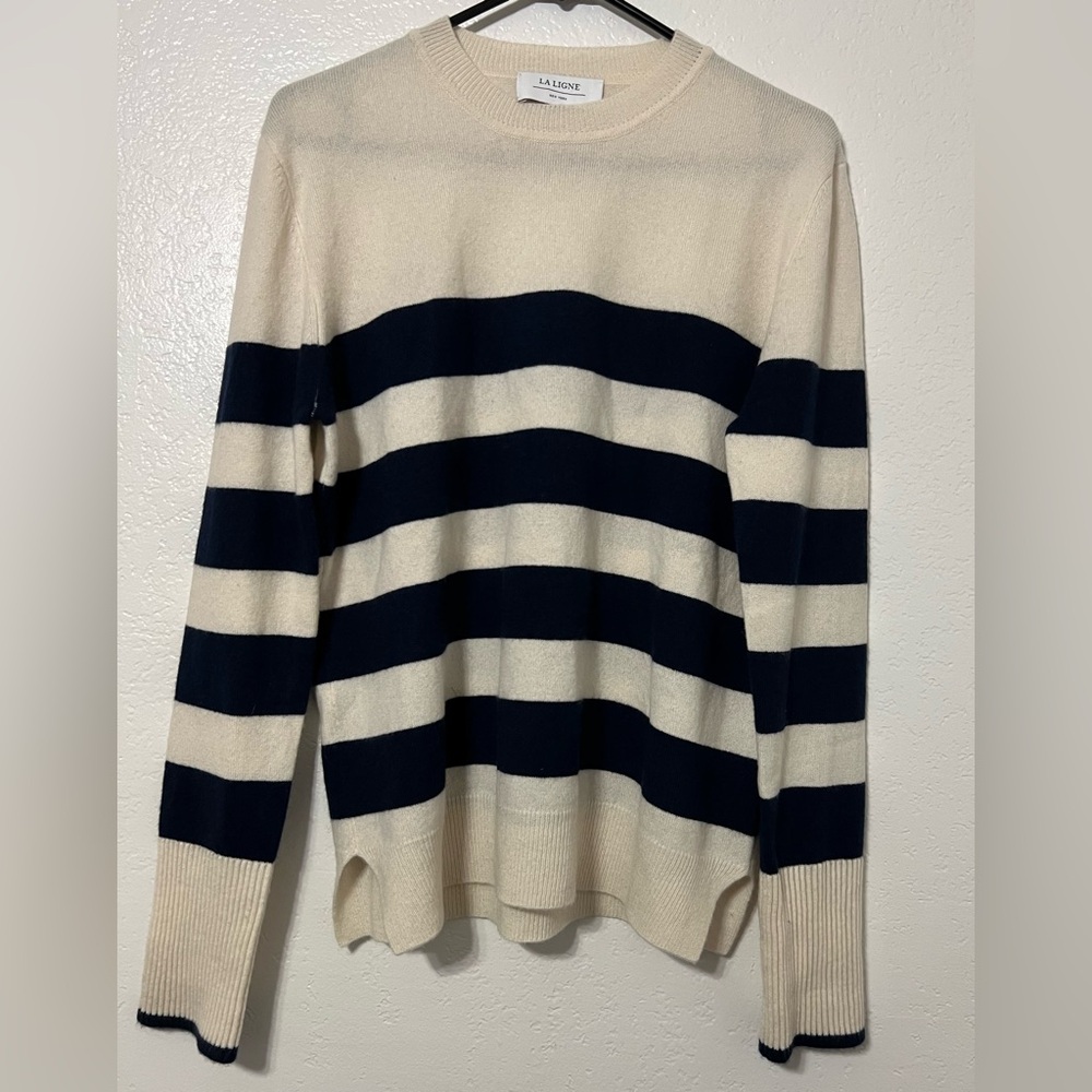 LA LIGNE New York 100% Cashmere Navy Cream Stripe Crewneck Sweater Size M